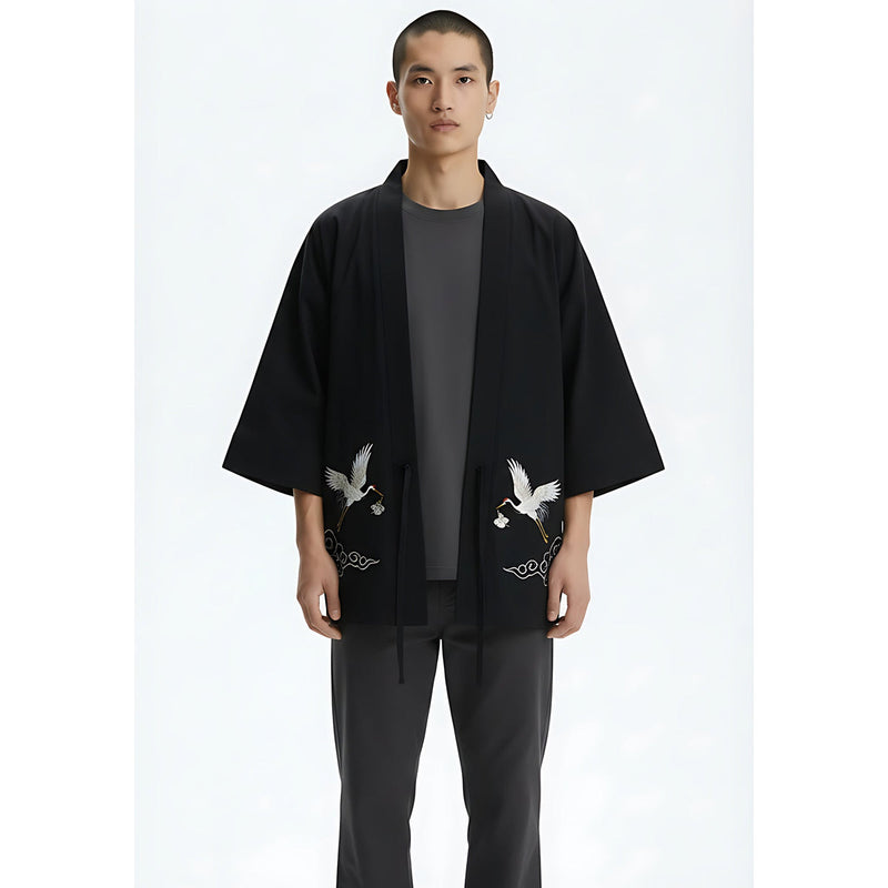 An open-front cotton kimono jacket worn over a plain tee
