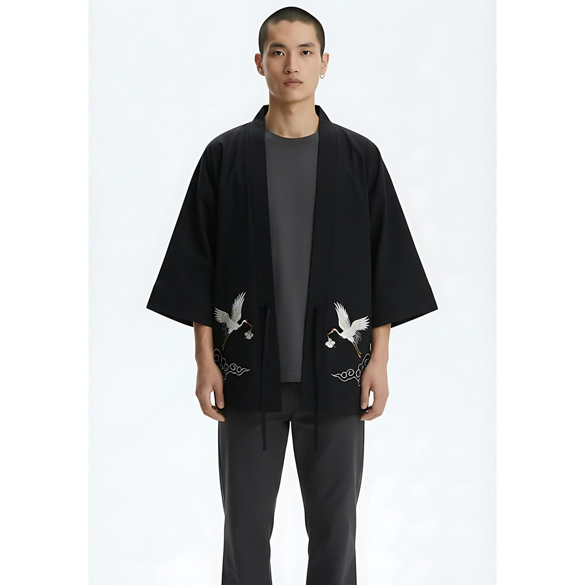 An open-front cotton kimono jacket worn over a plain tee