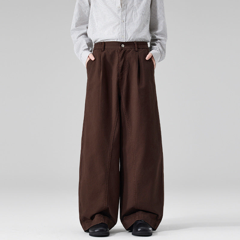 Wide leg barrel pants in brown cotton, worn