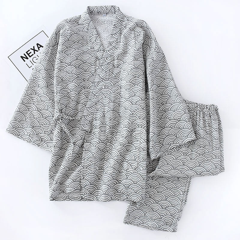 Grey seigaiha cotton gauze samue set laid flat