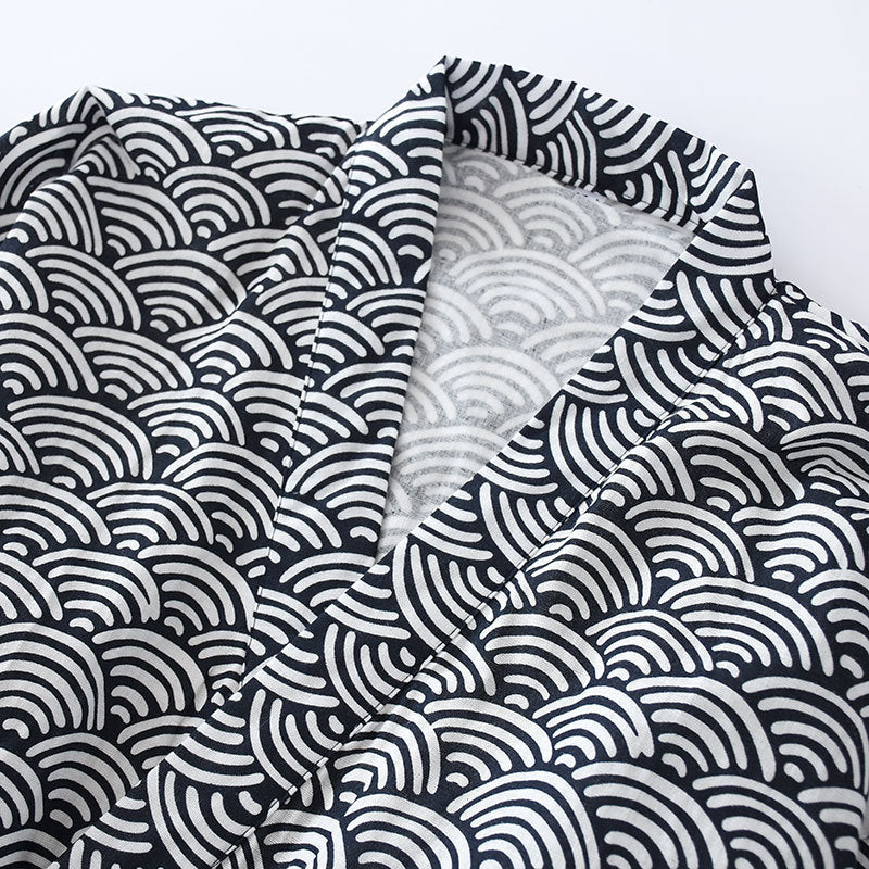 Close-up of the seigaiha wave print and crossed collar