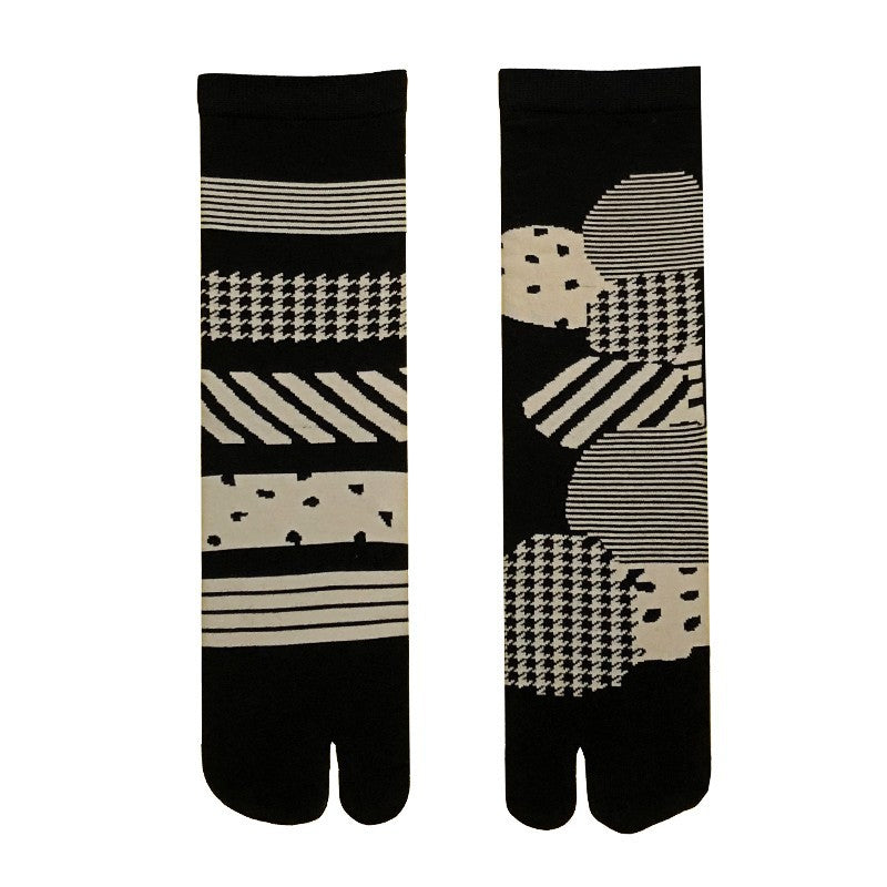 Japanese pattern tabi socks laid flat, split-toe cotton jacquard, one size