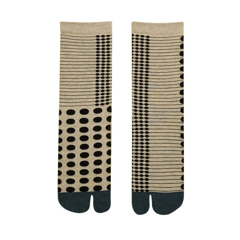 Japanese pattern tabi socks laid flat, split-toe cotton jacquard, one size