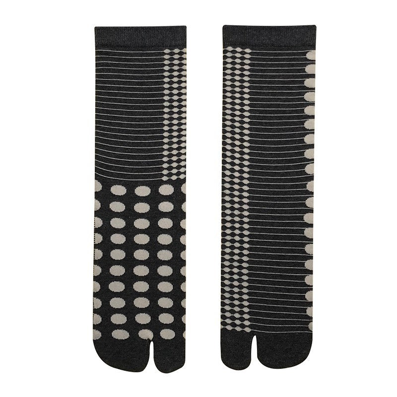 Japanese pattern tabi socks laid flat, split-toe cotton jacquard, one size