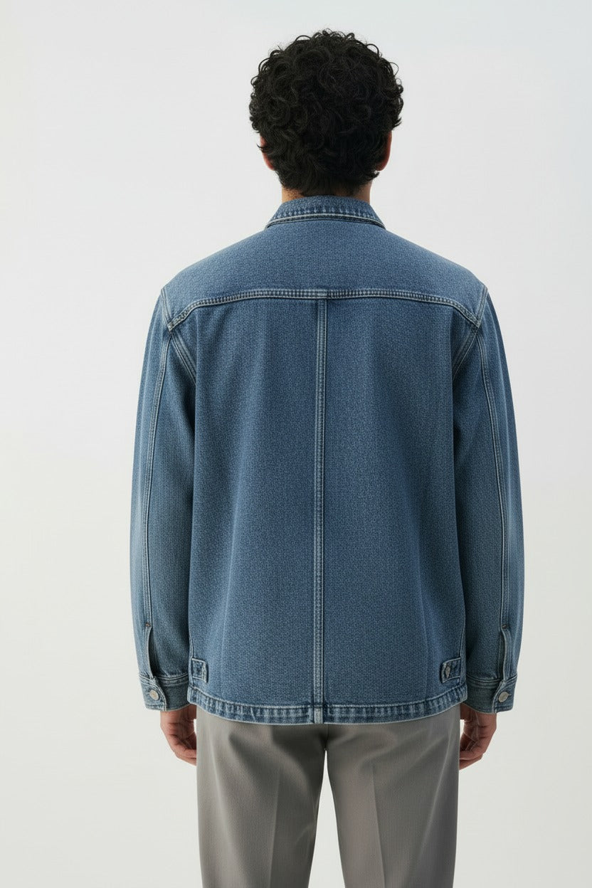 Washed denim kimono jacket in blue, back view on model