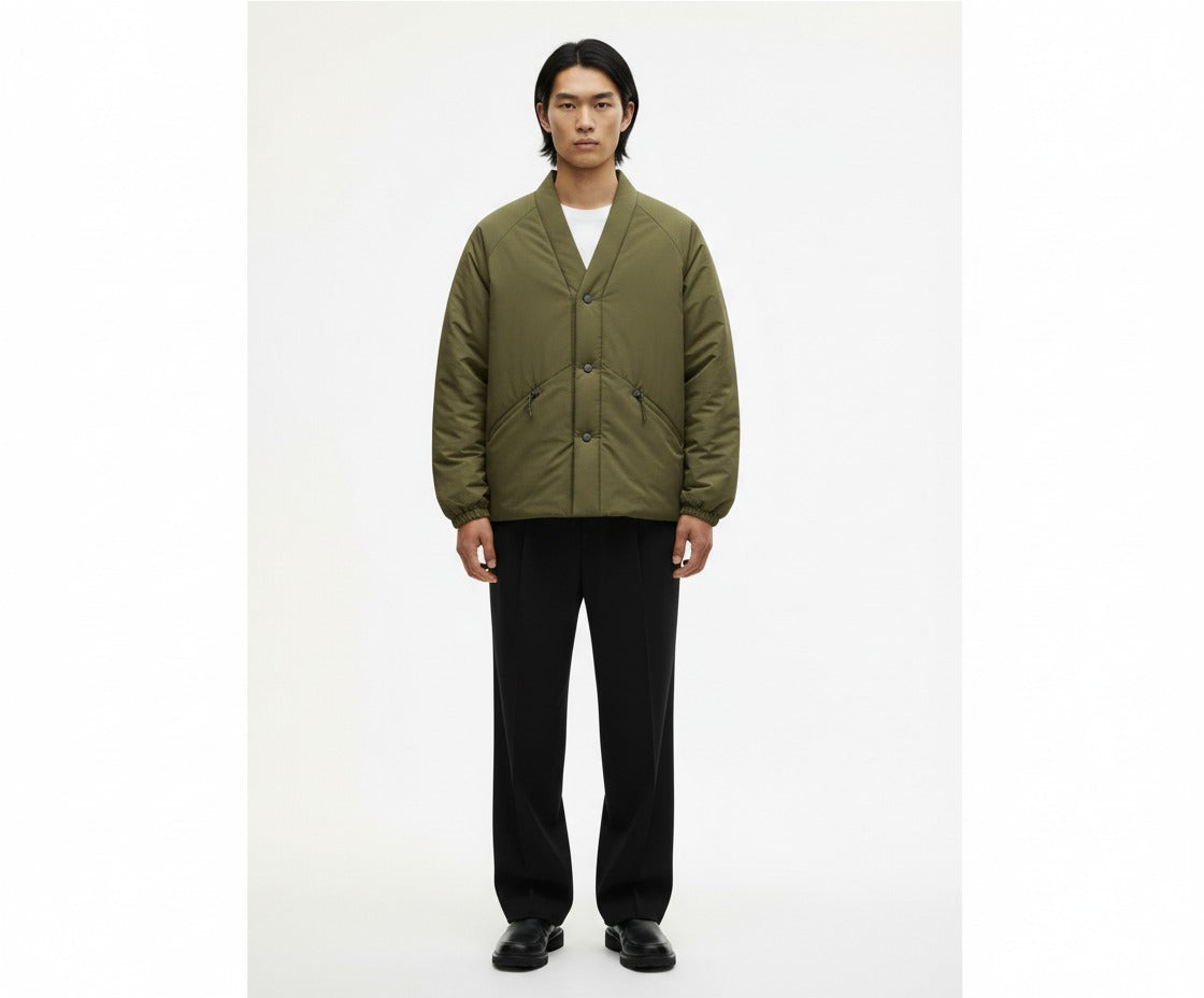 Padded hanten jacket in army green, front view
