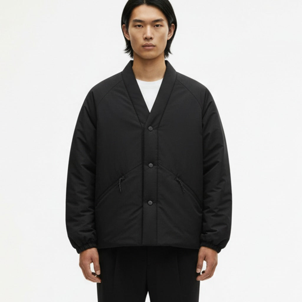 Padded hanten jacket on model, detail of the fabric and construction