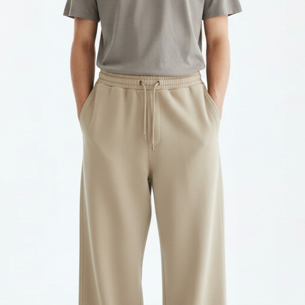 Heavyweight wide leg sweatpants on model, detail of the fabric and construction