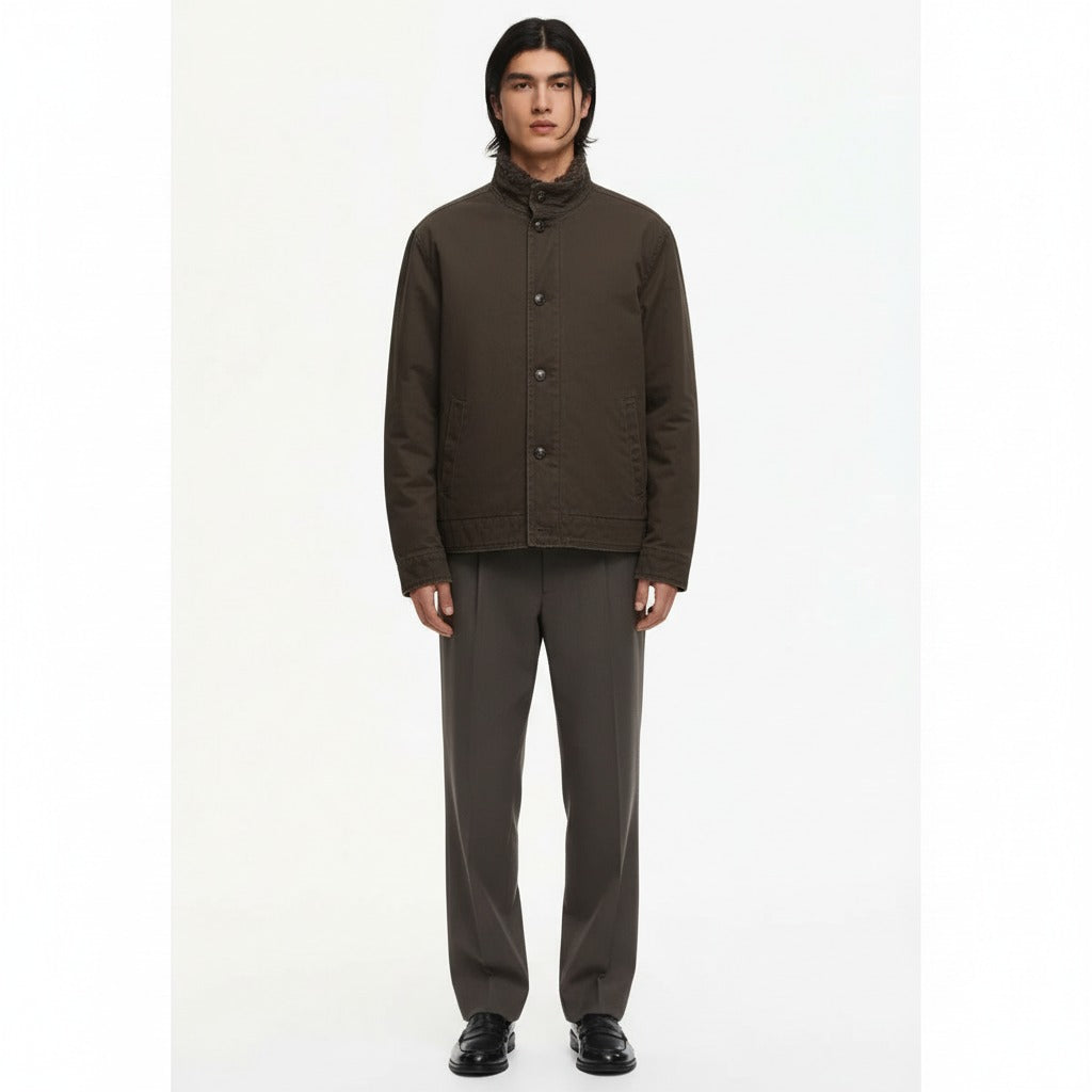Lined washed canvas jacket in brown, front view
