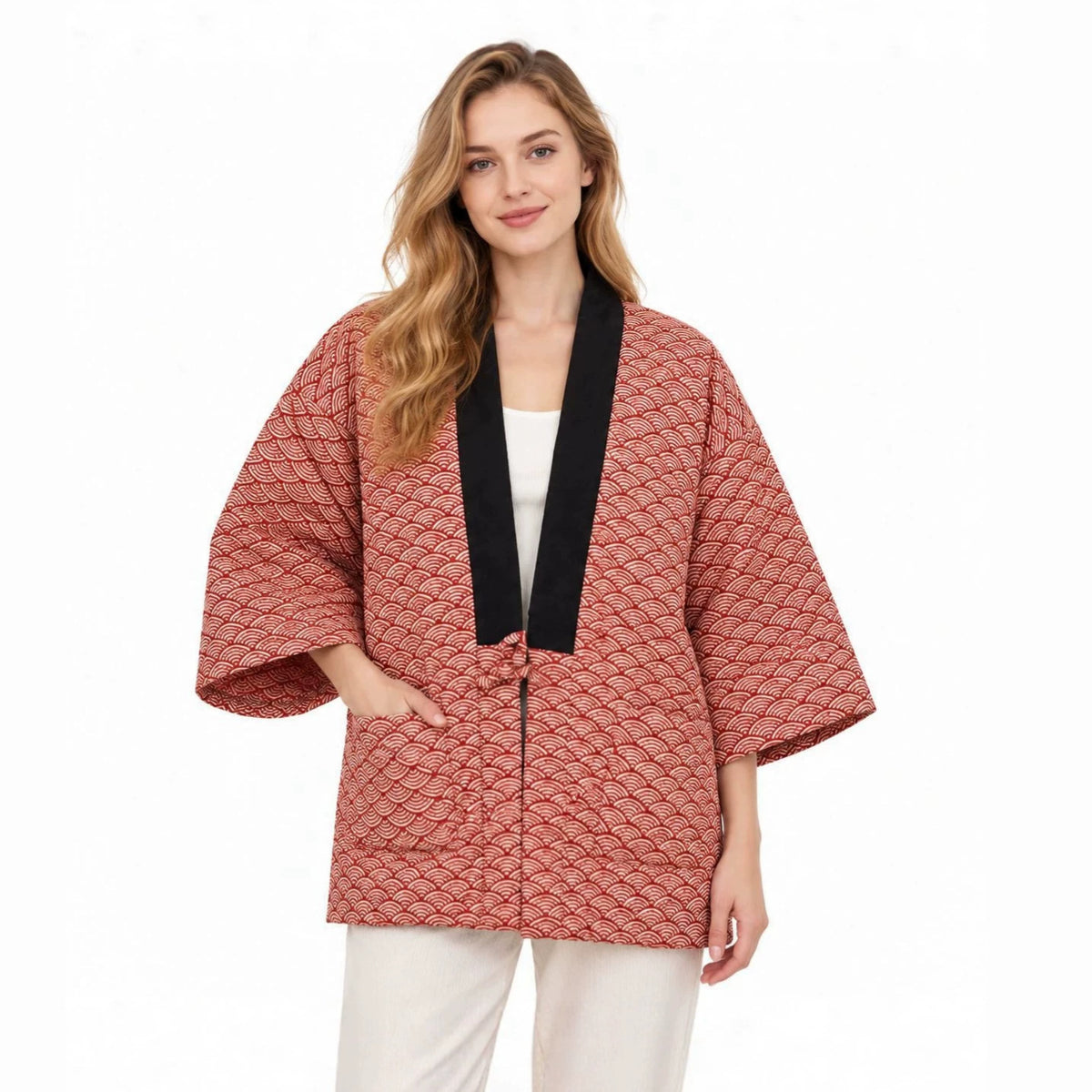 Red seigaiha hanten jacket, front, with patch pockets and a tie at the chest