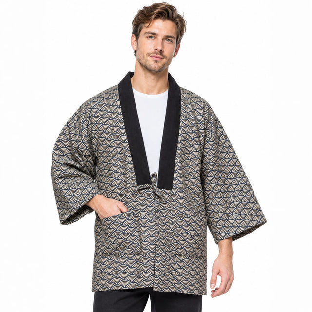 Men's grey seigaiha hanten jacket with a black collar band, worn over a white tee
