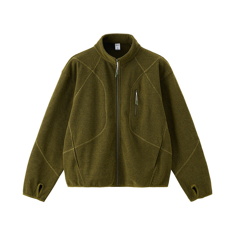 Honeycomb Stand-Collar Zip Sweatshirt - Outdoor Heavyweight Sweatshirt - Olive Green
