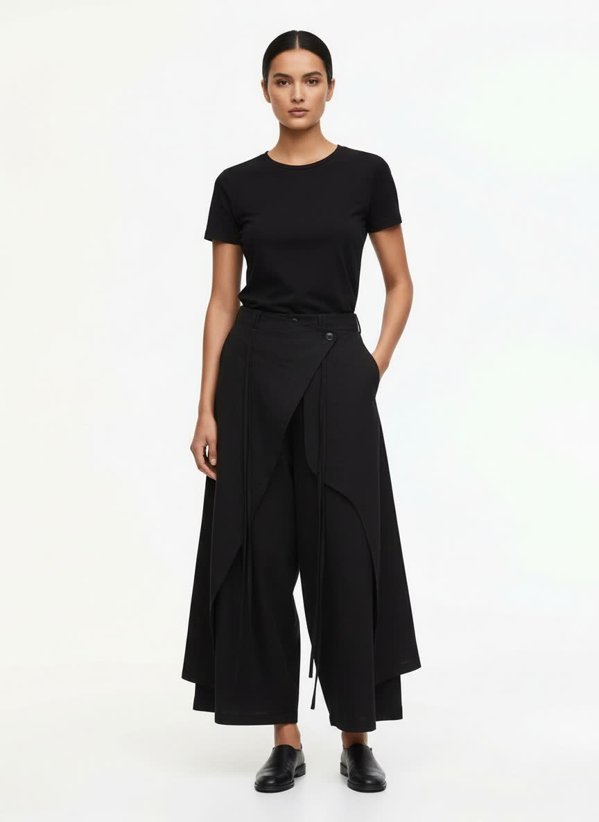 A woman wearing the black hakama pants, front view: the wrap panel buttons at the hip over a wide leg