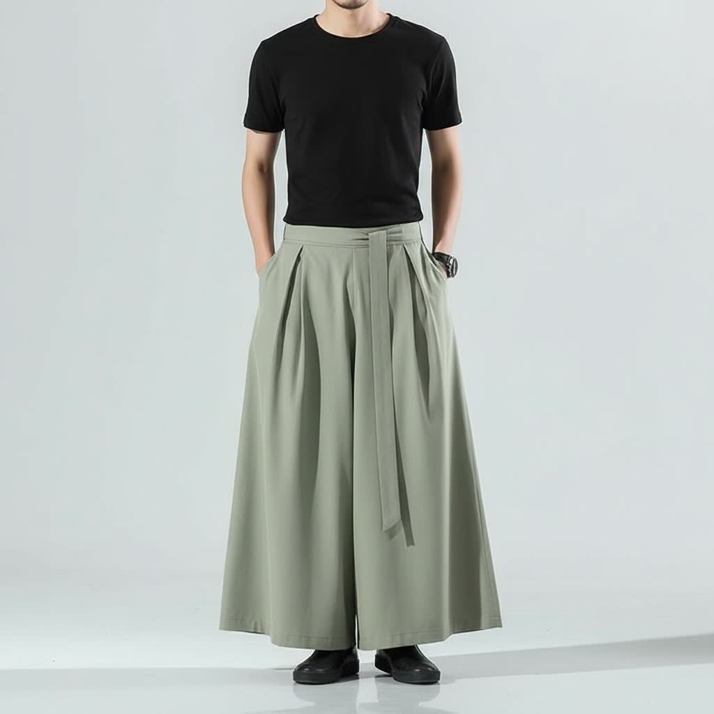 Men's lightweight hakama pants in army green, front view