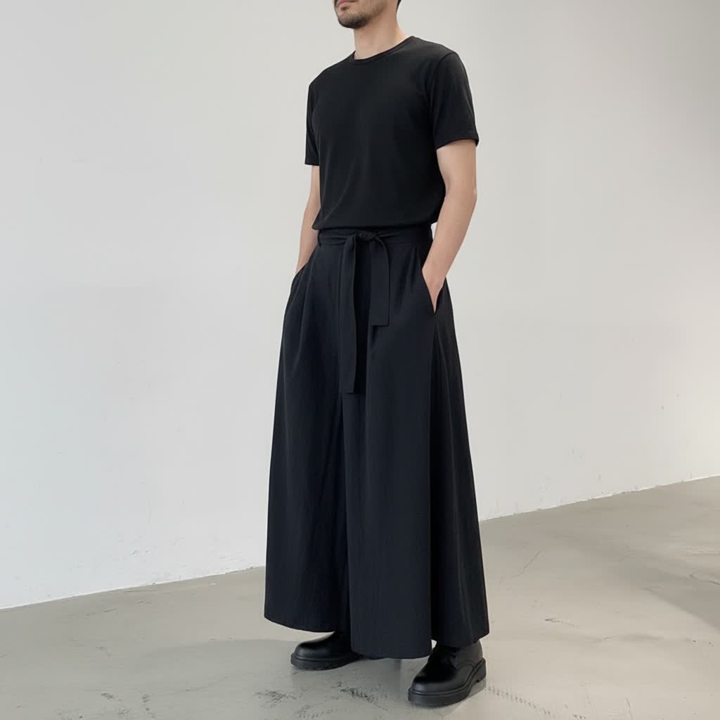 Men's long wide hakama pants, three-quarter view: the very wide leg falling to the floor