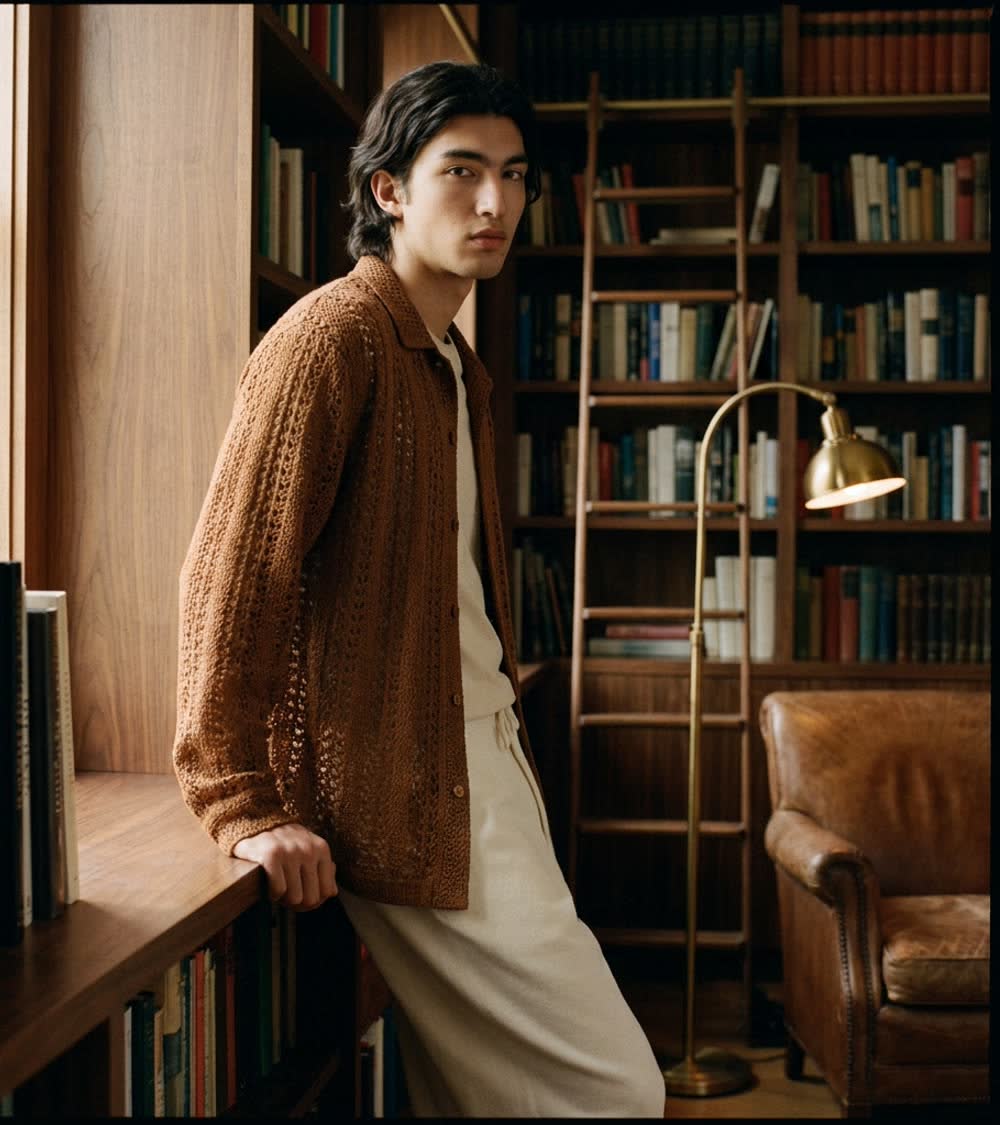 Cardigan marrone a maglia aperta in una biblioteca rivestita di legno