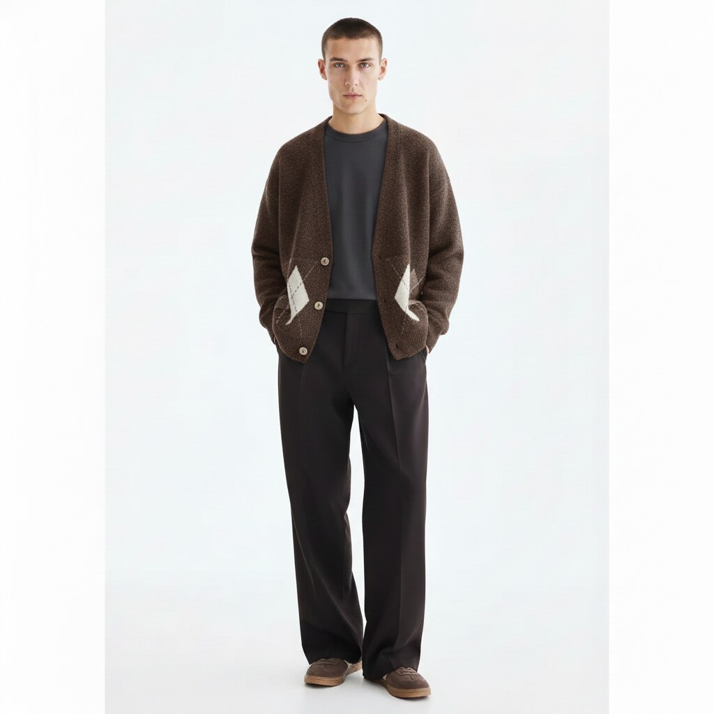 Argyle V-neck cardigan in brown, front view
