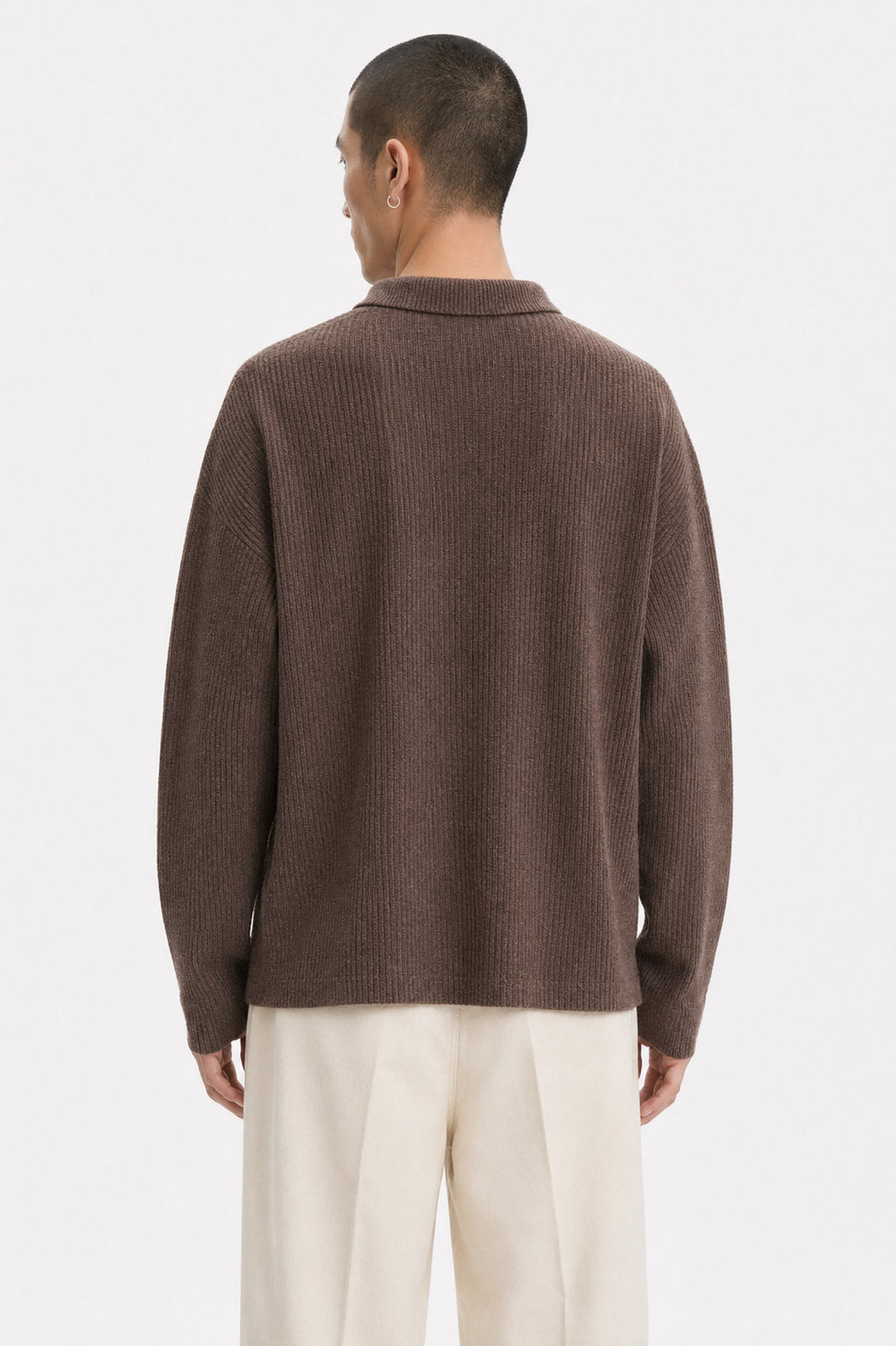 Long-Sleeve Polo Shirt Italian Knit Collar on model - back view