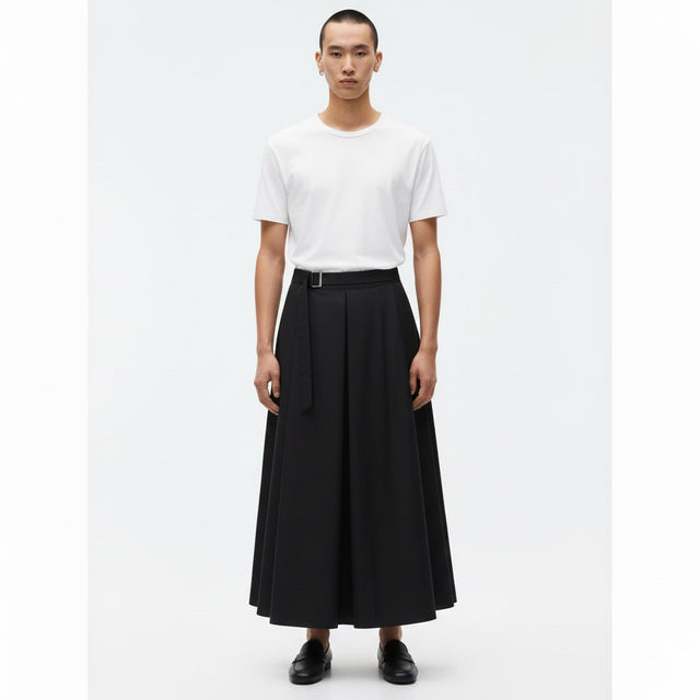 Belted A-line hakama on model in black, front view