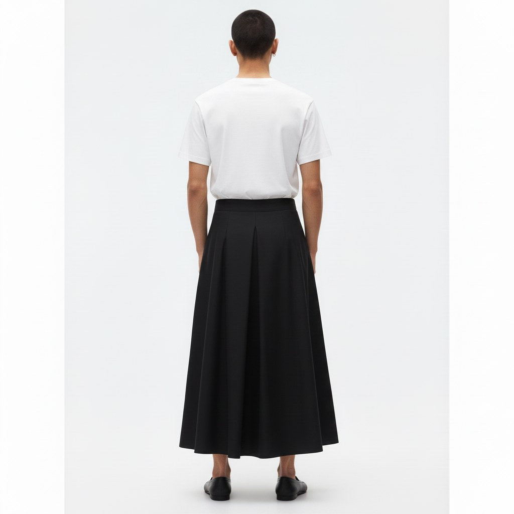 Belted A-line hakama on model in black, back view