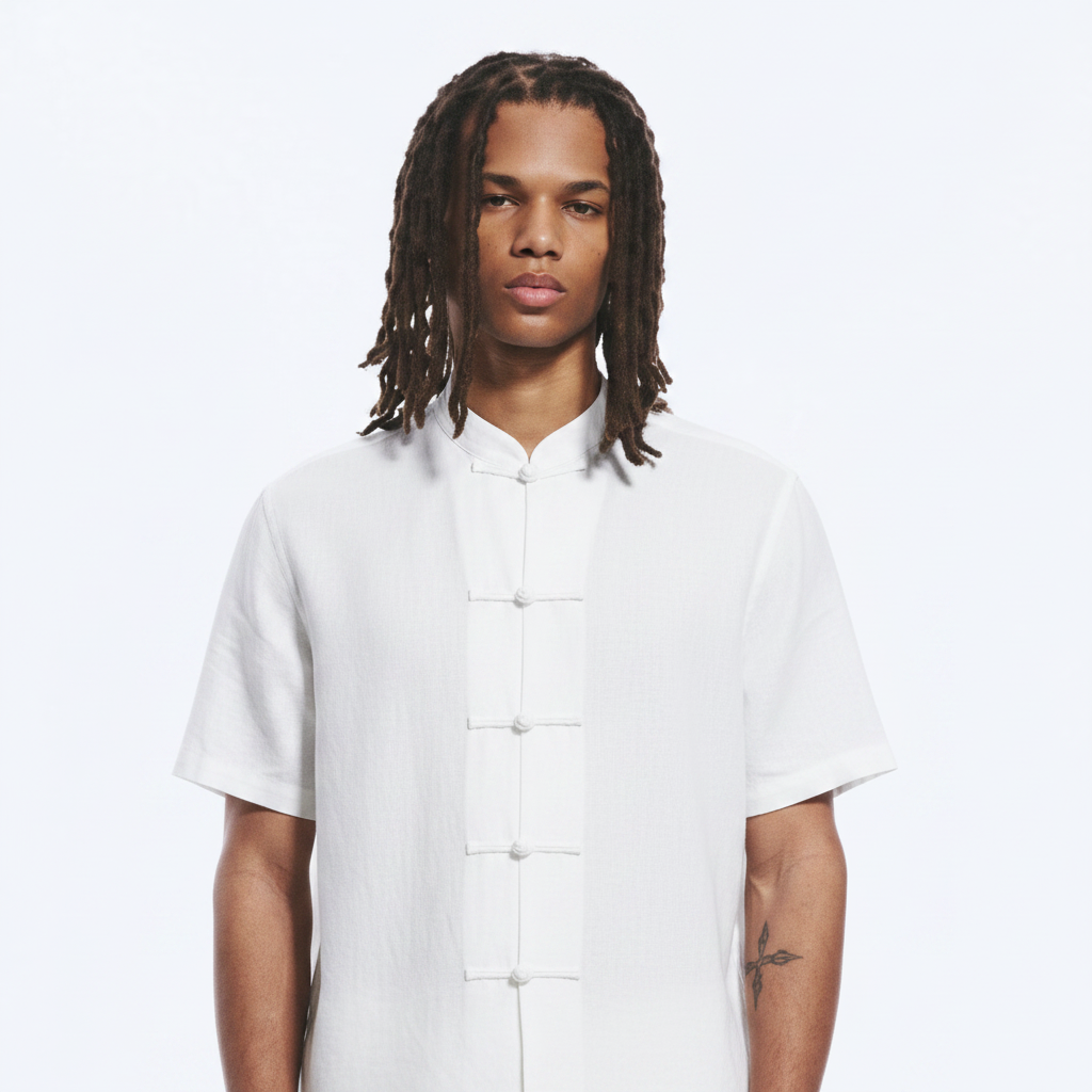 Coarse Cotton Tang Suit Shirt detail on model