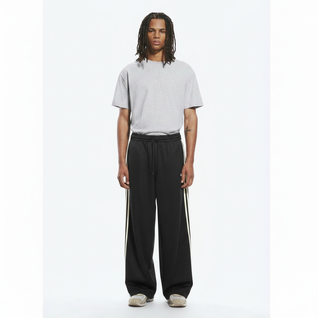 Striped Wide-Leg Pants Track on model - Black Cashmere front view
