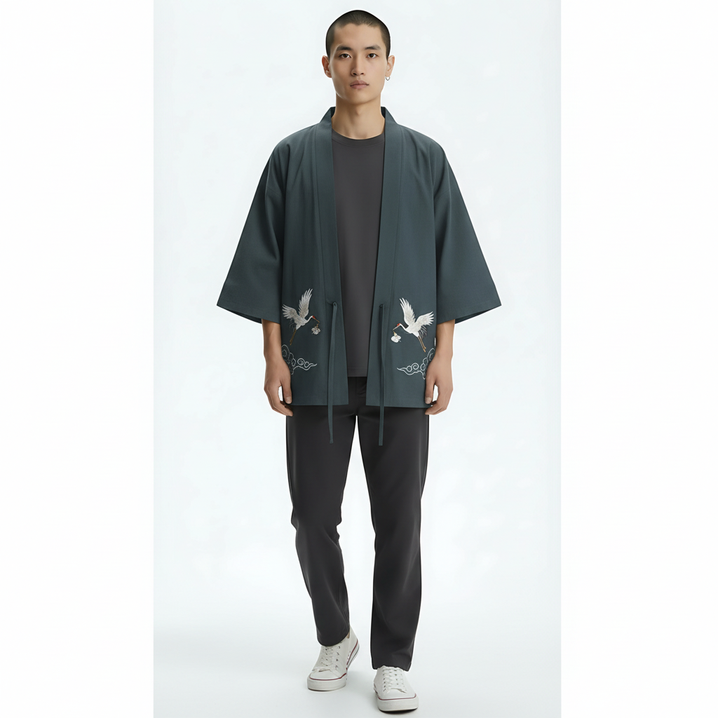 Kimono Jacket Cotton on model - Gray front view