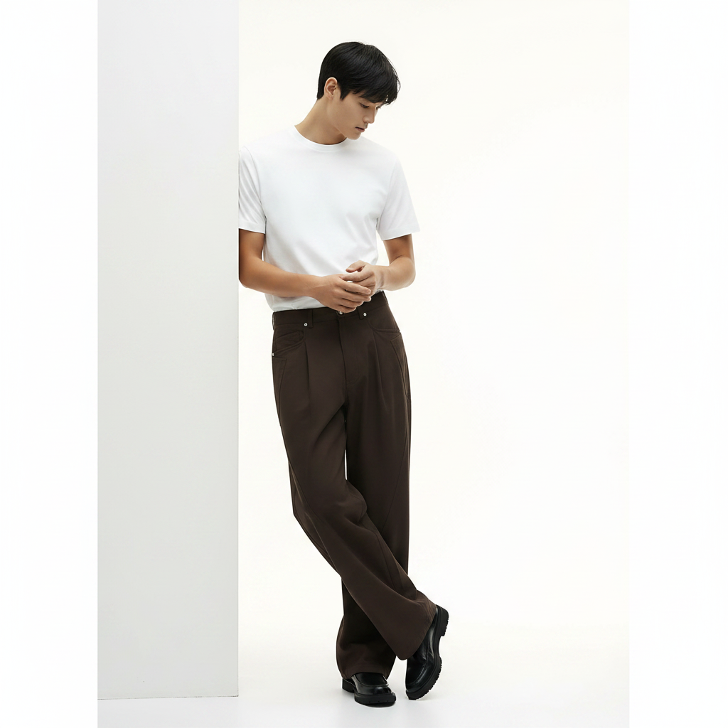 Casual Cotton Pants 100% on model - Dark Brown front view
