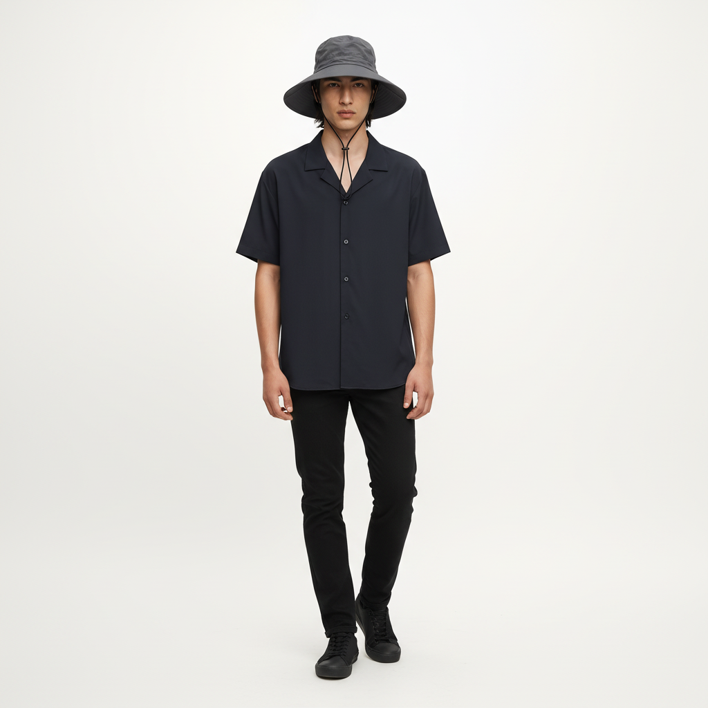 Wide Brim Quick Dry Bucket Hat for Big Heads on model - Navy front view