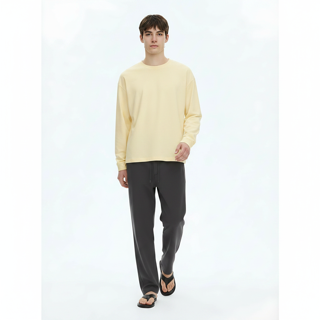 Heavyweight Cotton Long-Sleeve T-Shirt 305g on model - Yellow front view