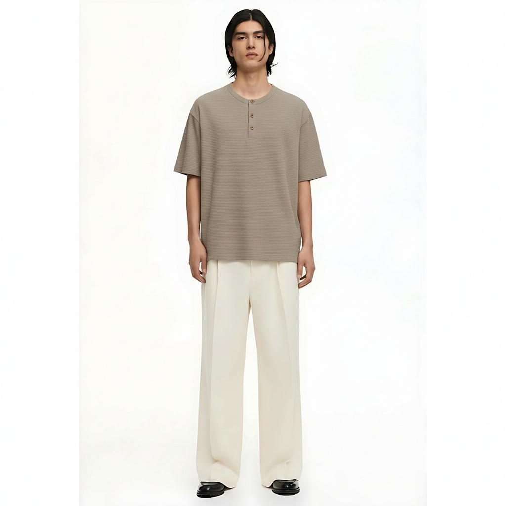 Henley T-Shirt Short Sleeve Oversized on model - Taupe front view