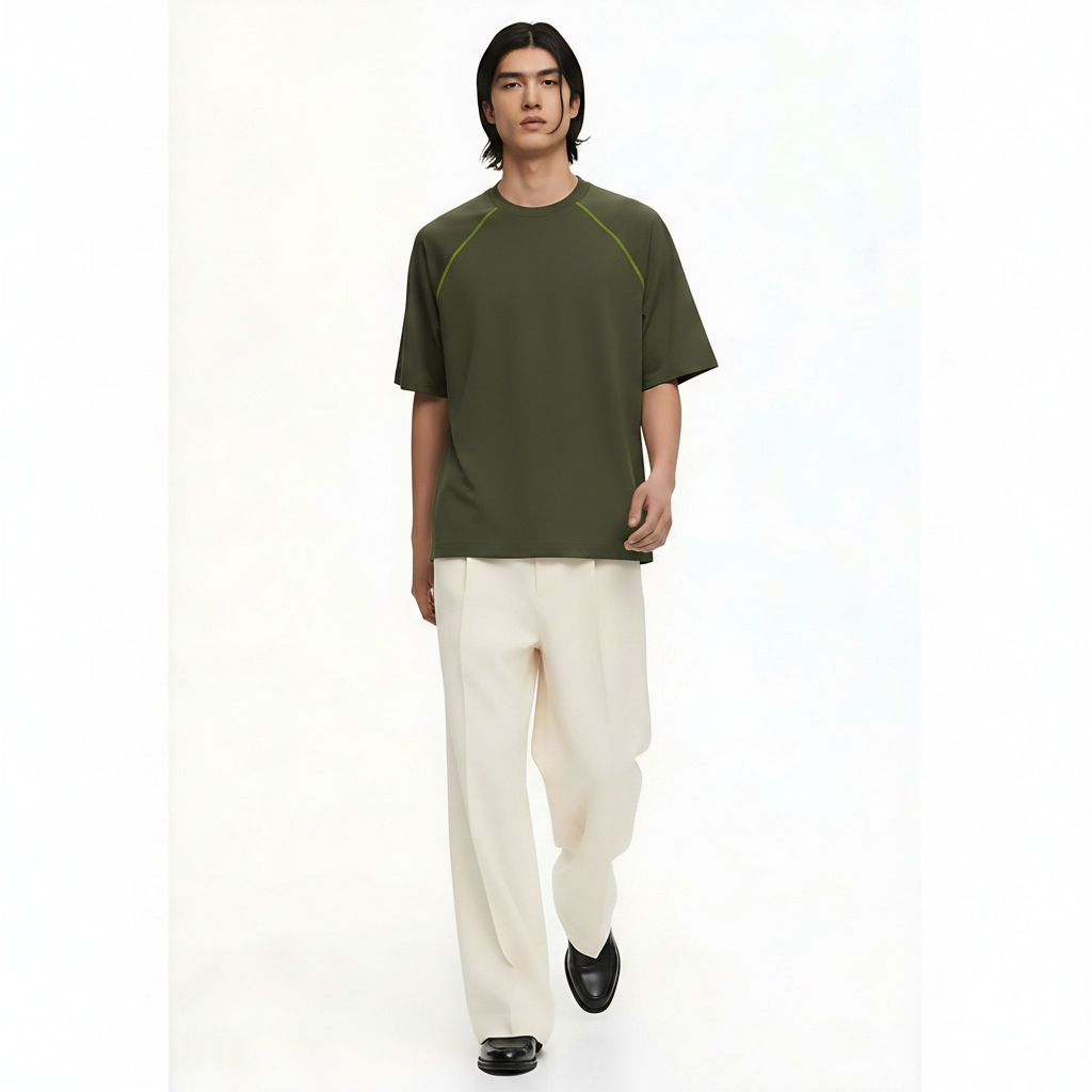 Baseball T-Shirt Colorblock on model - Olive Green front view