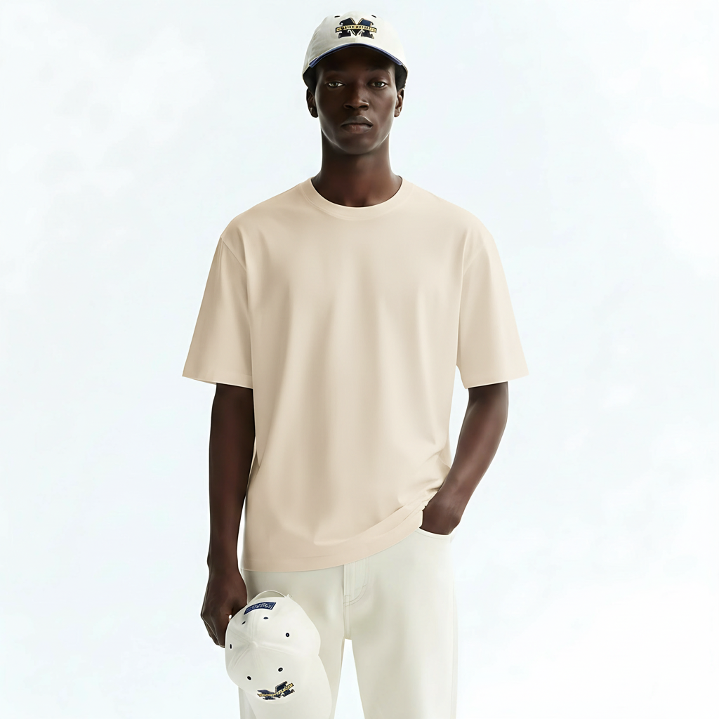 Short Sleeve T-Shirt Quick-Dry Cotton Blend on model - Beige 2 front view