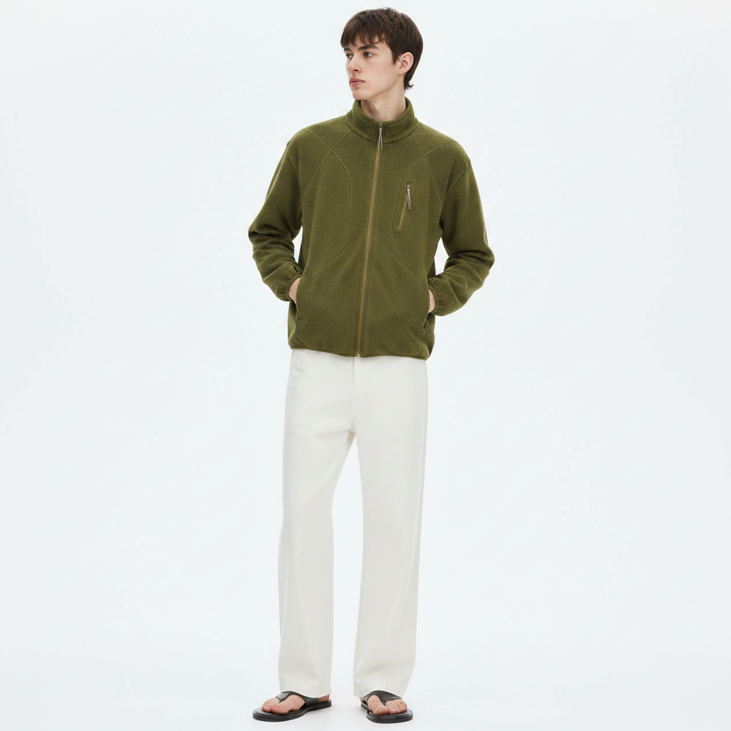 Honeycomb Zip Stand-Collar Sweatshirt on model - Olive Green front view