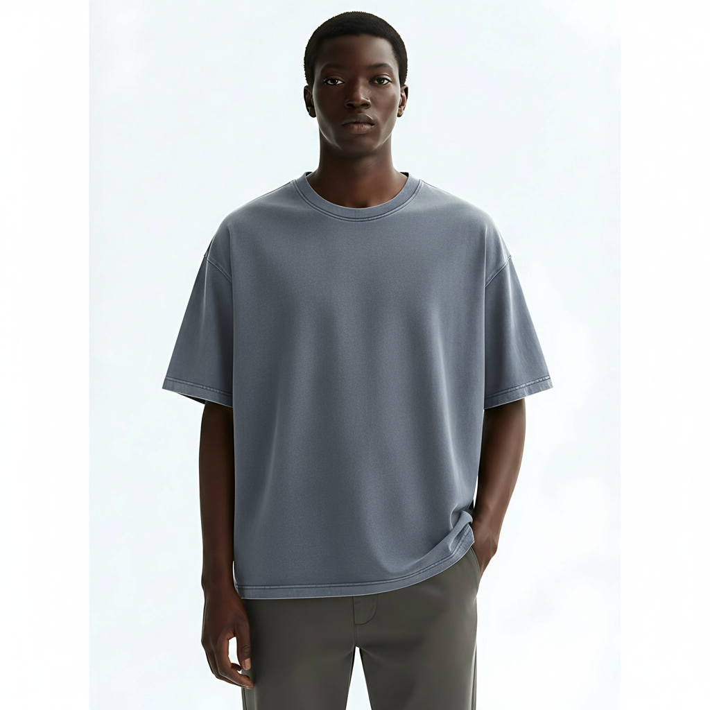 Sand-Washed Heavyweight Cotton T-Shirt on model - Deep Blue front view