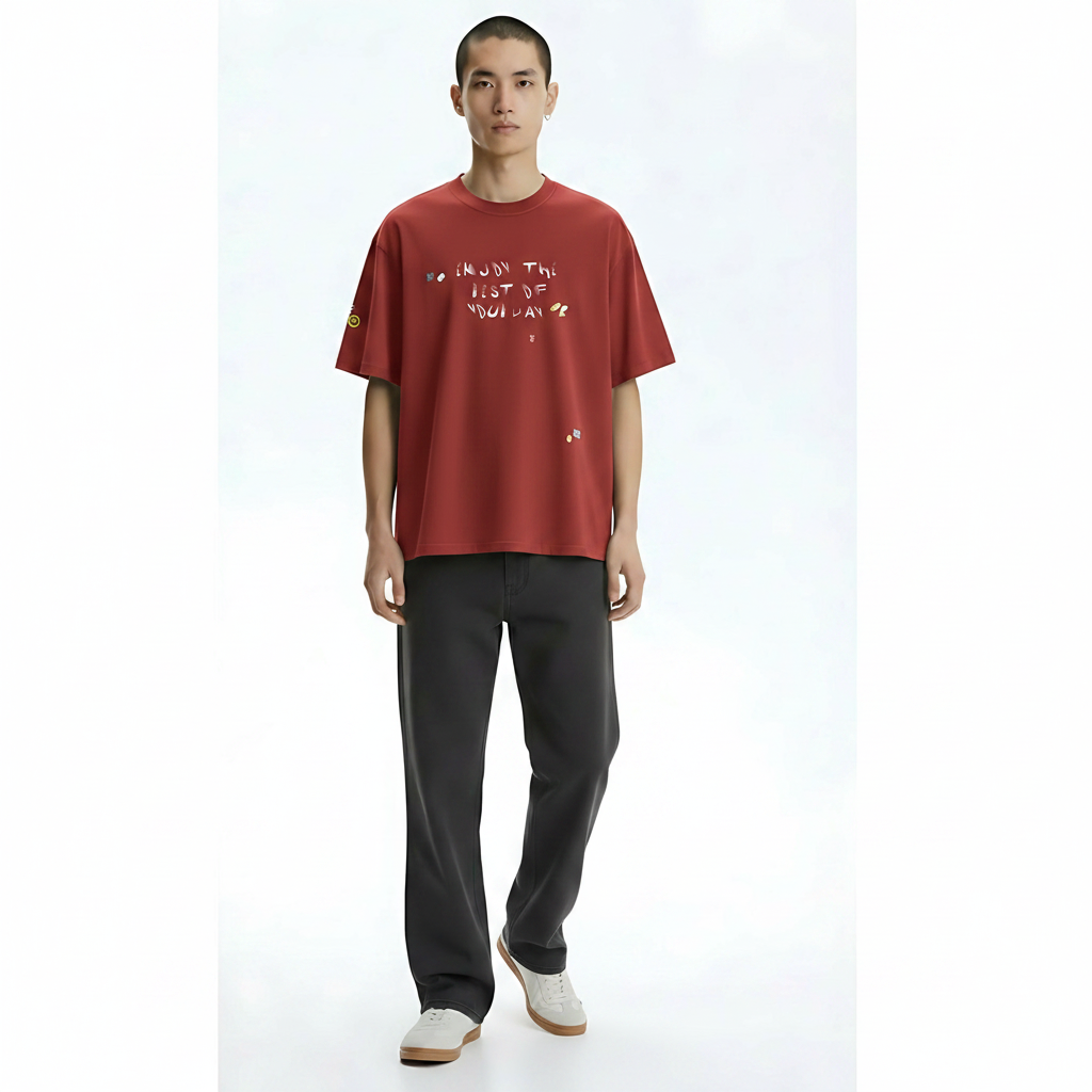 Graphic T-Shirt Retro Small Print on model - Red front view
