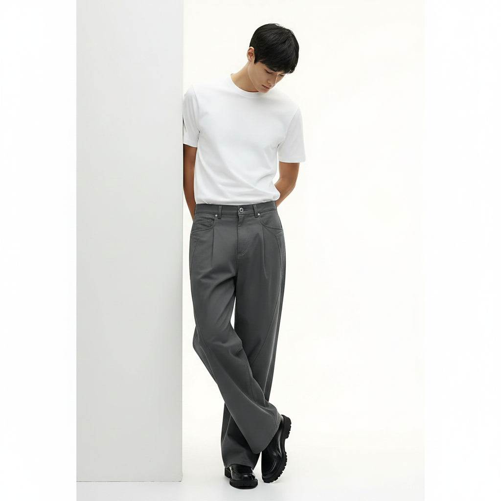 Casual Cotton Pants 100% on model - Gray front view