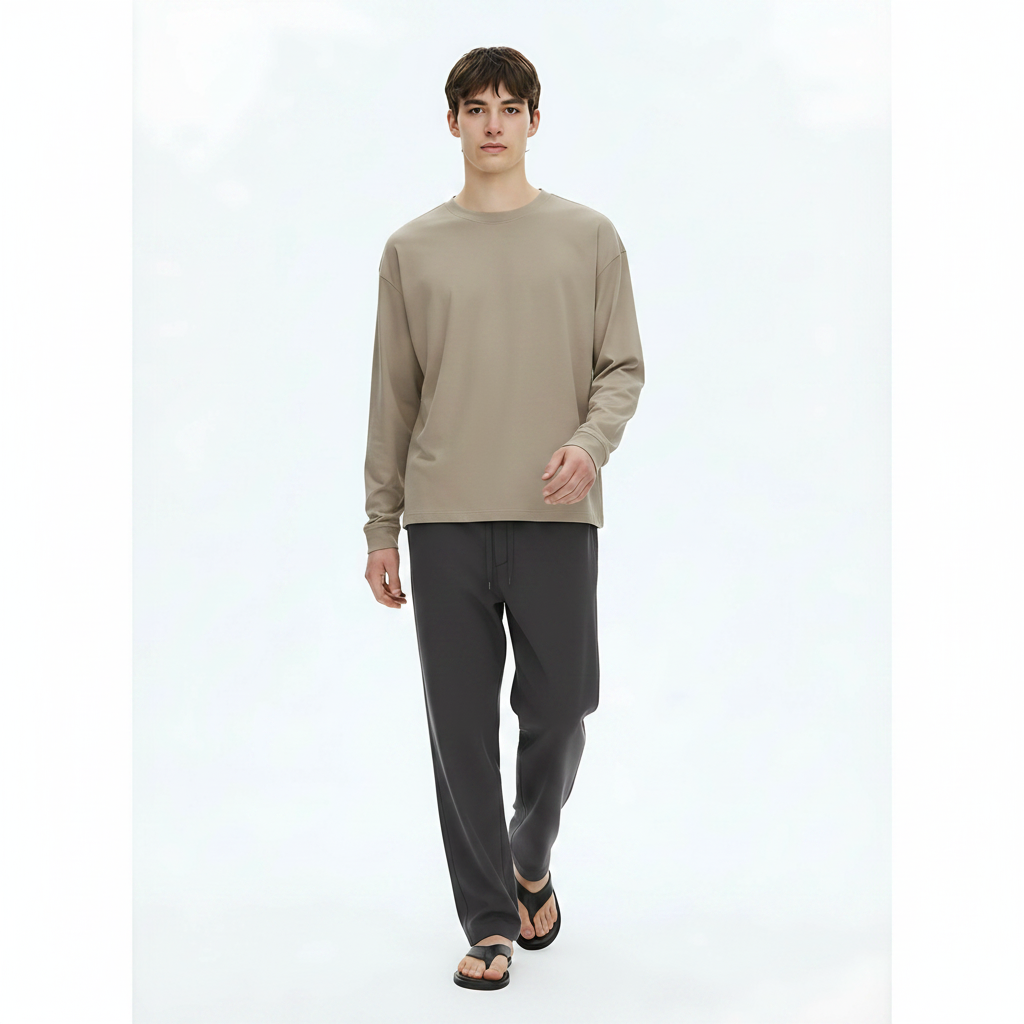 Heavyweight Cotton Long-Sleeve T-Shirt 305g on model - Camel front view