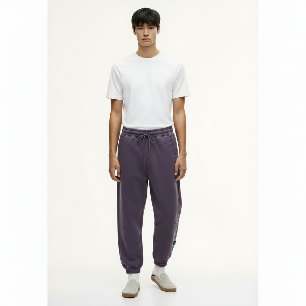 Fleece-Lined Sweatpants Tapered Fit on model - Purple front view