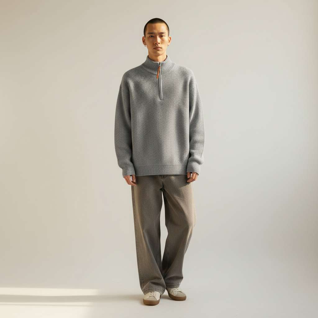 Half Zip Sweater Knit on model - Gray front view