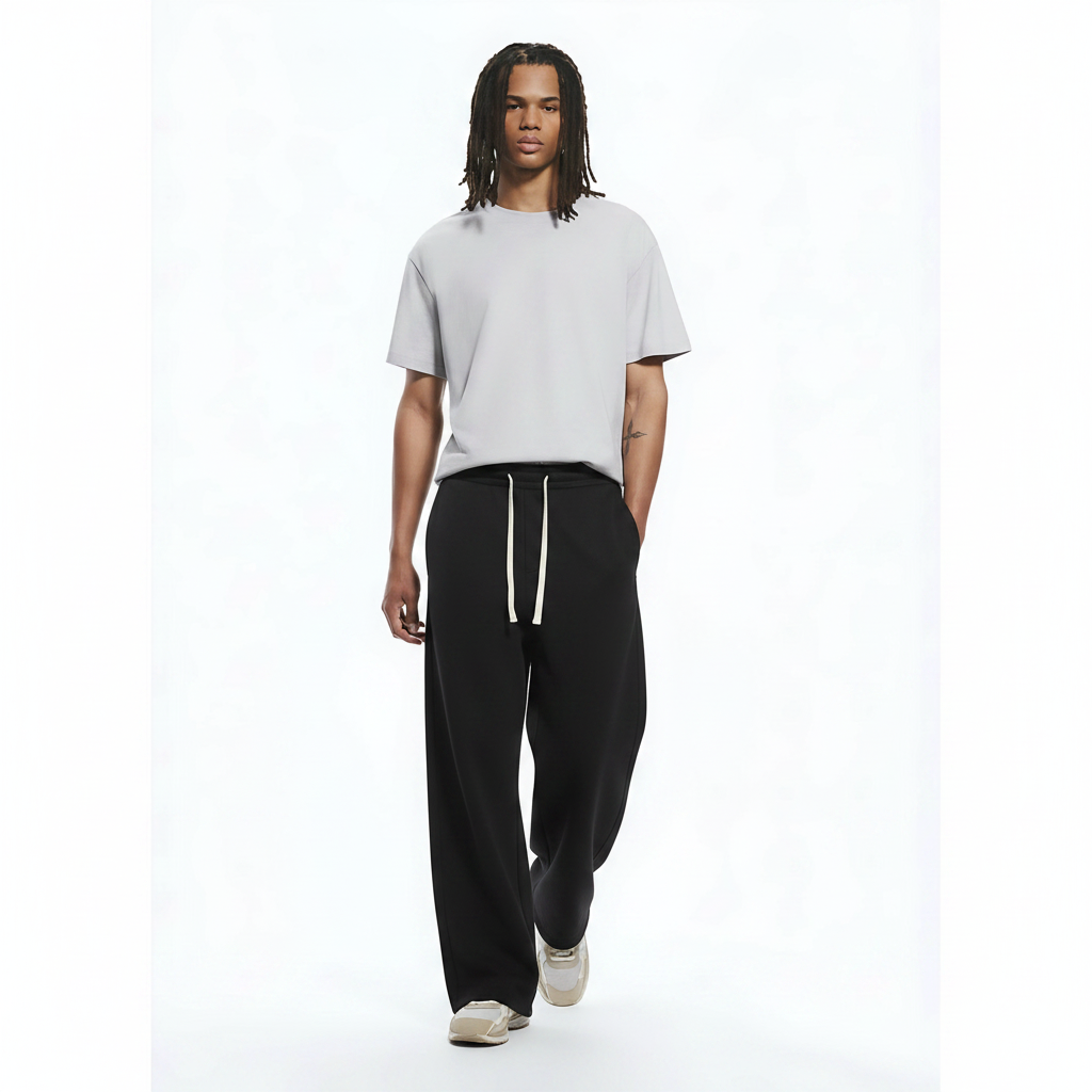 Wide-Leg Pants Cotton on model - Black front view