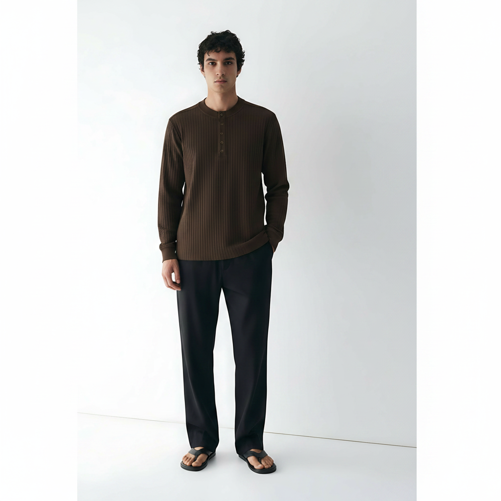 Men's Henley T-Shirt Long-Sleeve Oversized on model - Brown front view
