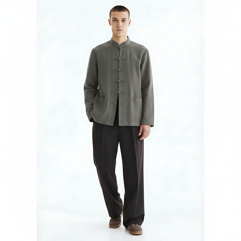 Cotton-Linen Long-Sleeve Overshirt on model - Gray front view