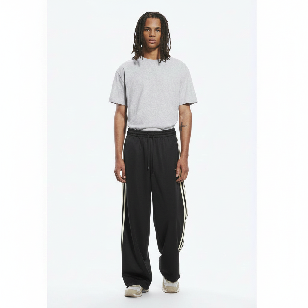 Striped Wide-Leg Pants Track on model - Black Fleece front view