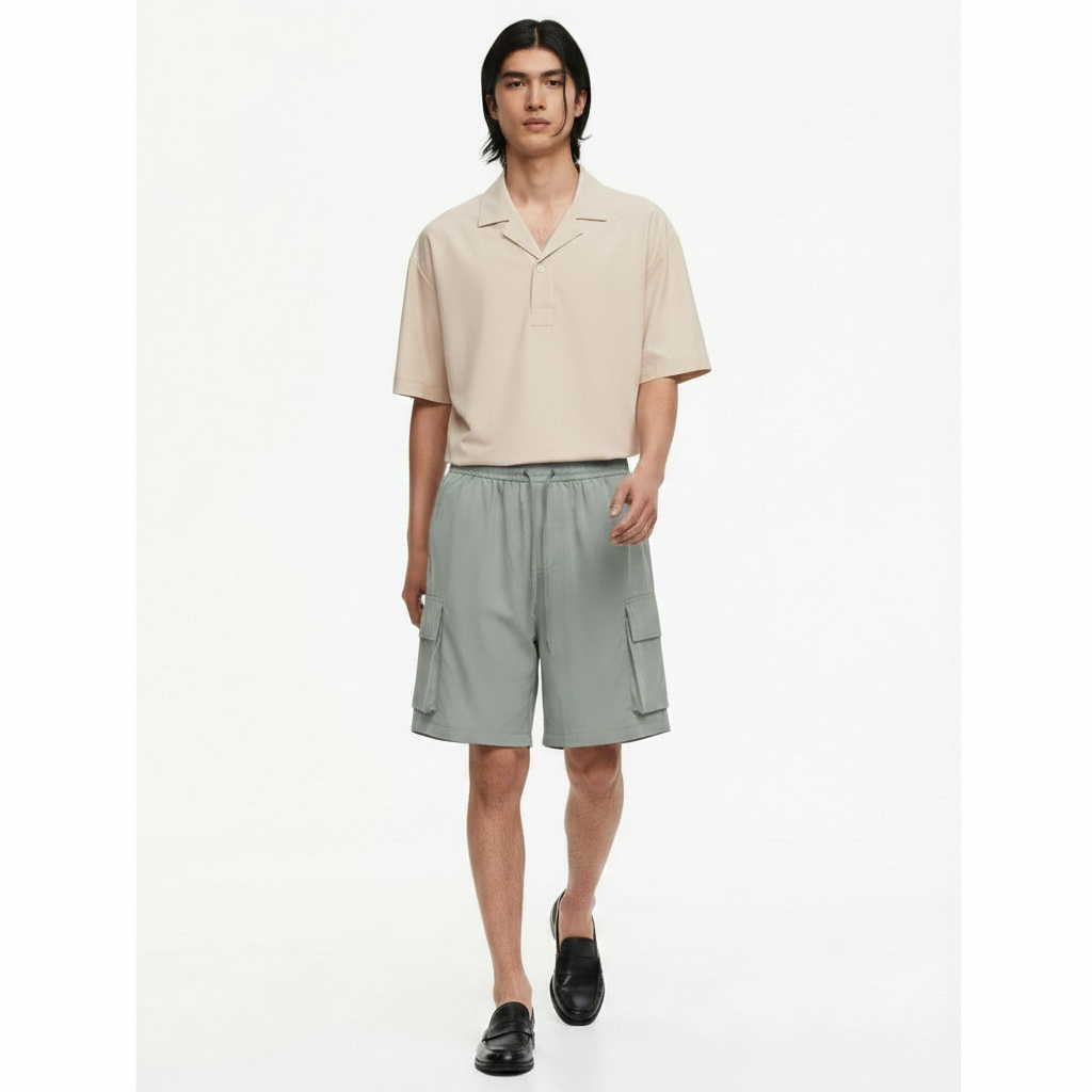 Mens Cargo Shorts Wrinkle-Textured on model - Light Gray front view