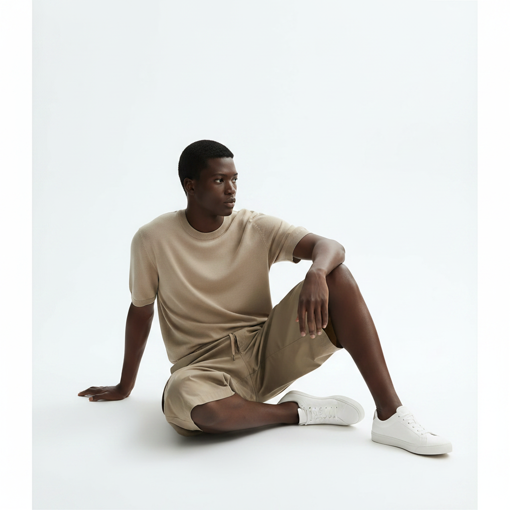 Short Sleeve Knit Sweater on model - Light Khaki front view