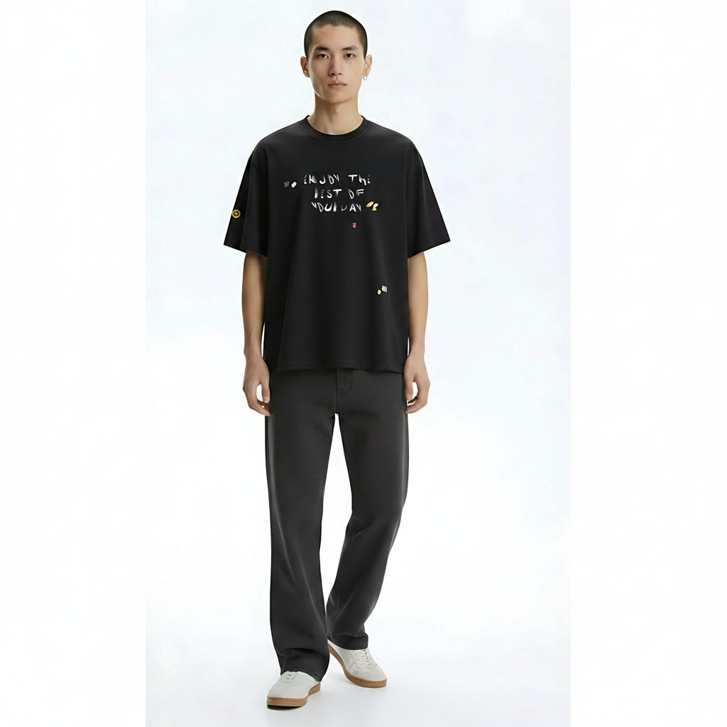 Graphic T-Shirt Retro Small Print on model - Dark Gray front view