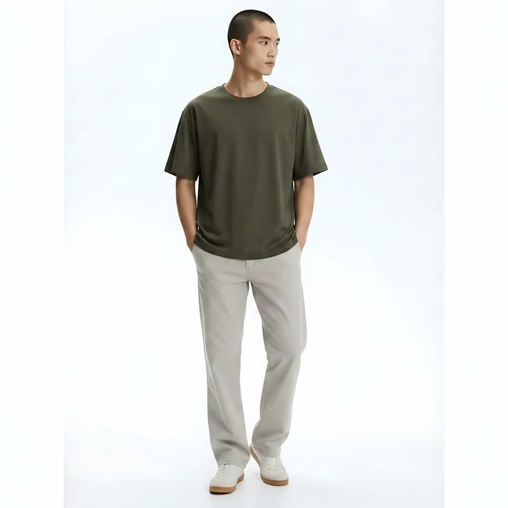 Heavyweight Cooling Cotton-Blend T-Shirt on model - Olive Green front view