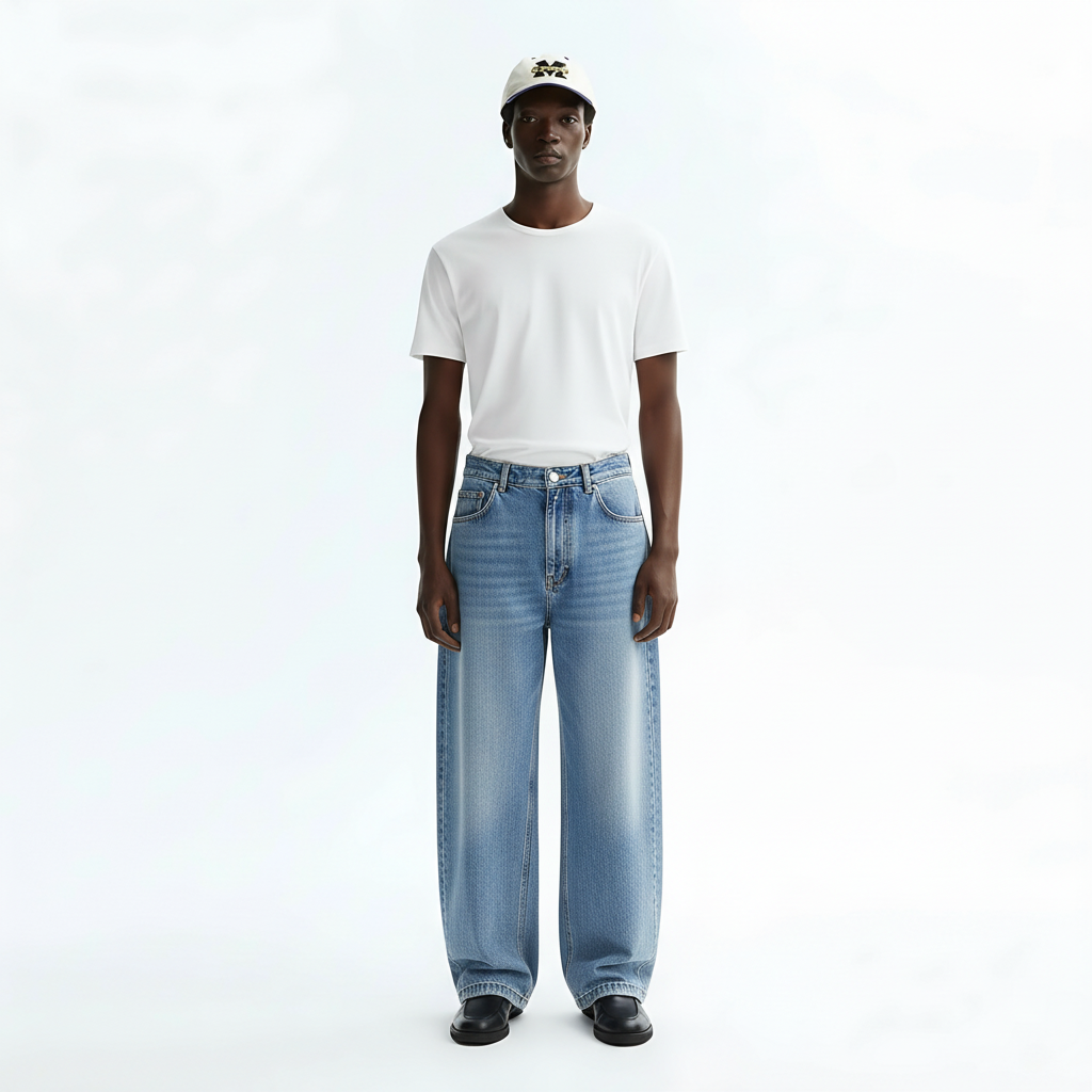 Washed Baggy Jeans on model - Ice Blue front view