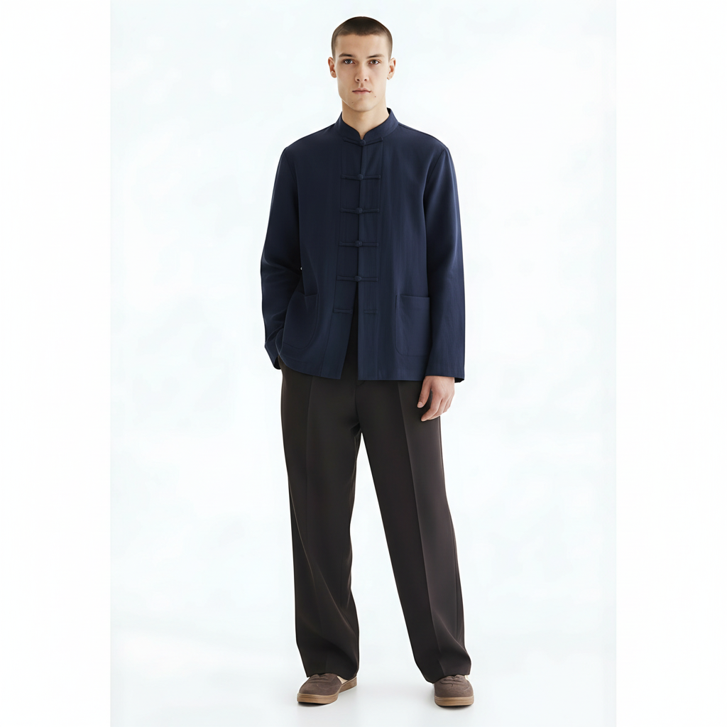 Cotton-Linen Long-Sleeve Overshirt on model - Blue front view